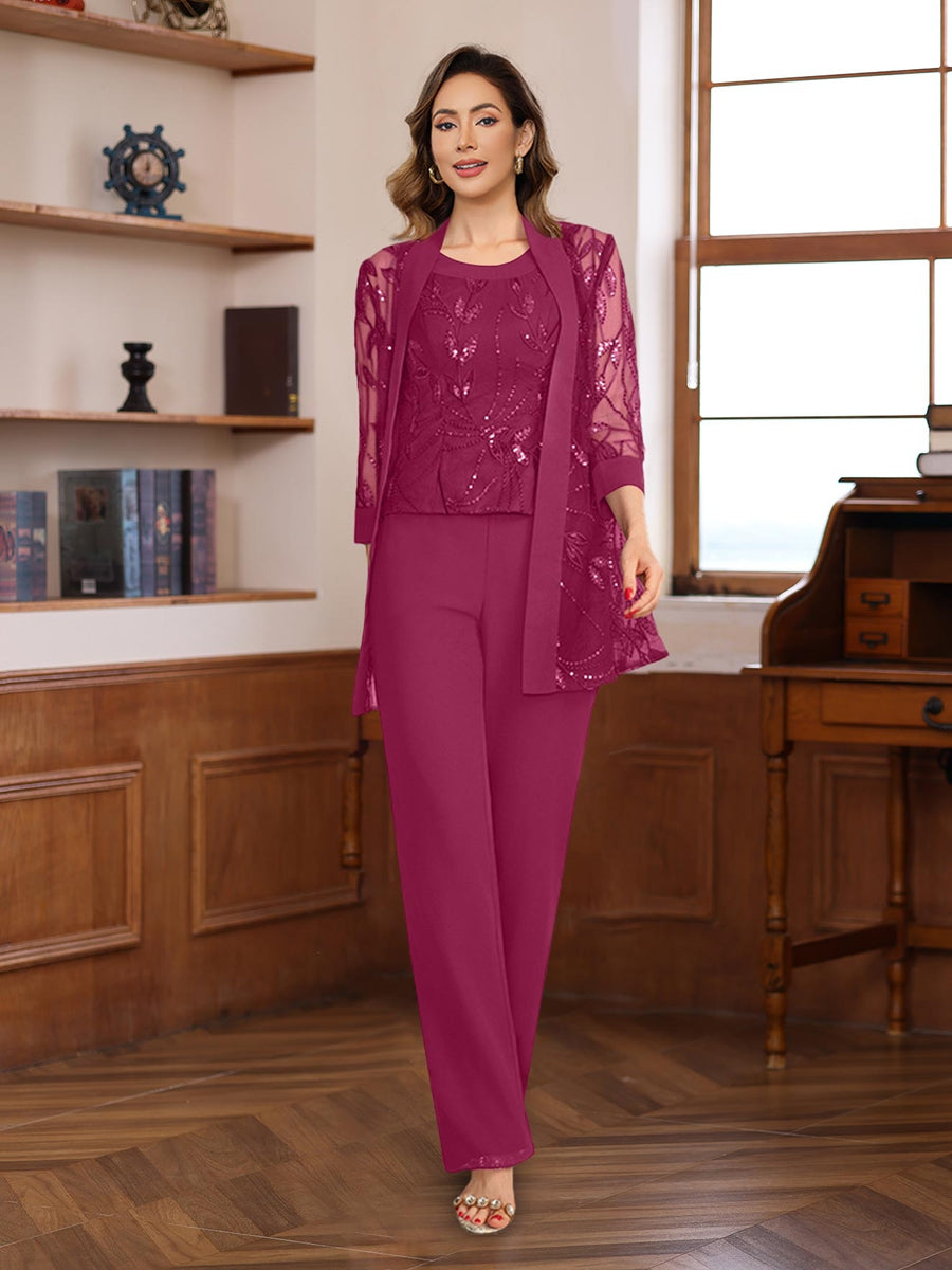 3 Piece Long Chiffon Pantsuits with Sequins for the Mother of the Bride