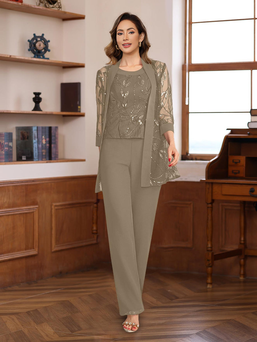 3 Piece Long Chiffon Pantsuits with Sequins for the Mother of the Bride