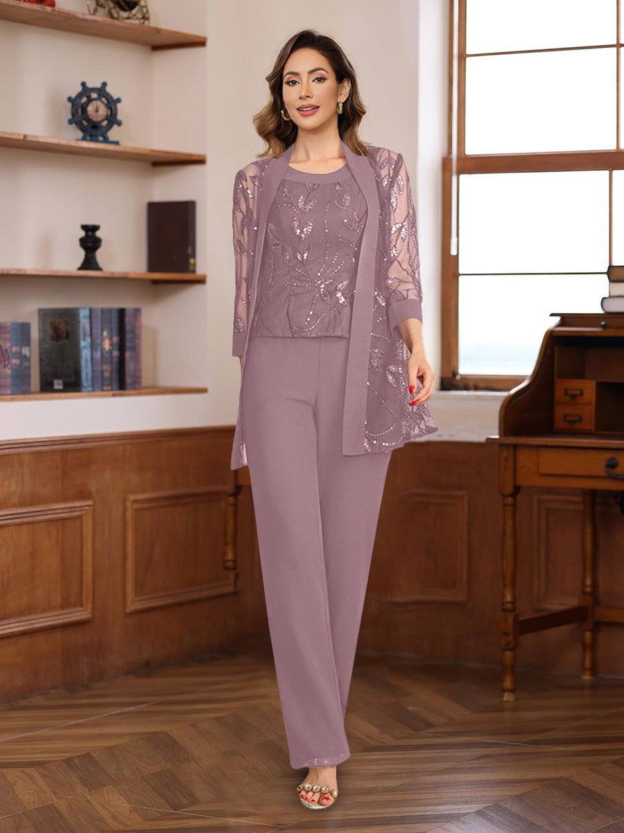 3 Piece Long Chiffon Pantsuits with Sequins for the Mother of the Bride