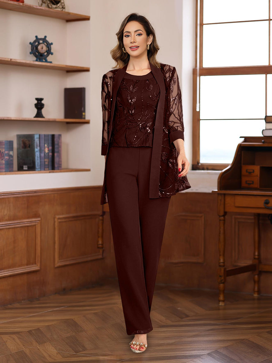3 Piece Long Chiffon Pantsuits with Sequins for the Mother of the Bride