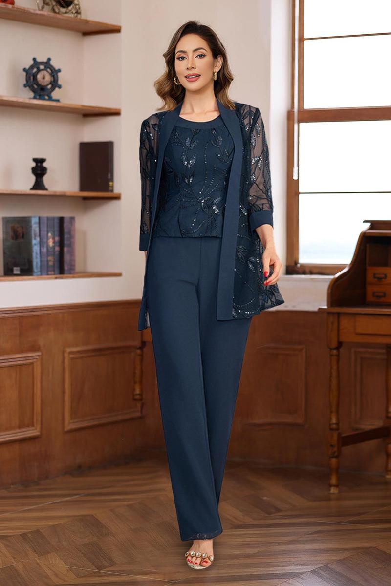 3 Piece Long Chiffon Pantsuits with Sequins for the Mother of the Bride