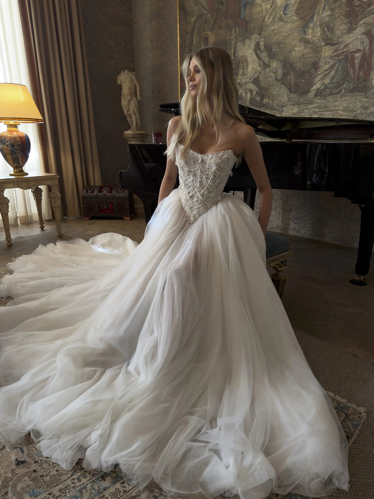 Elegant White Strapless Lace Corset Ball Gown Wedding Dress ZP100