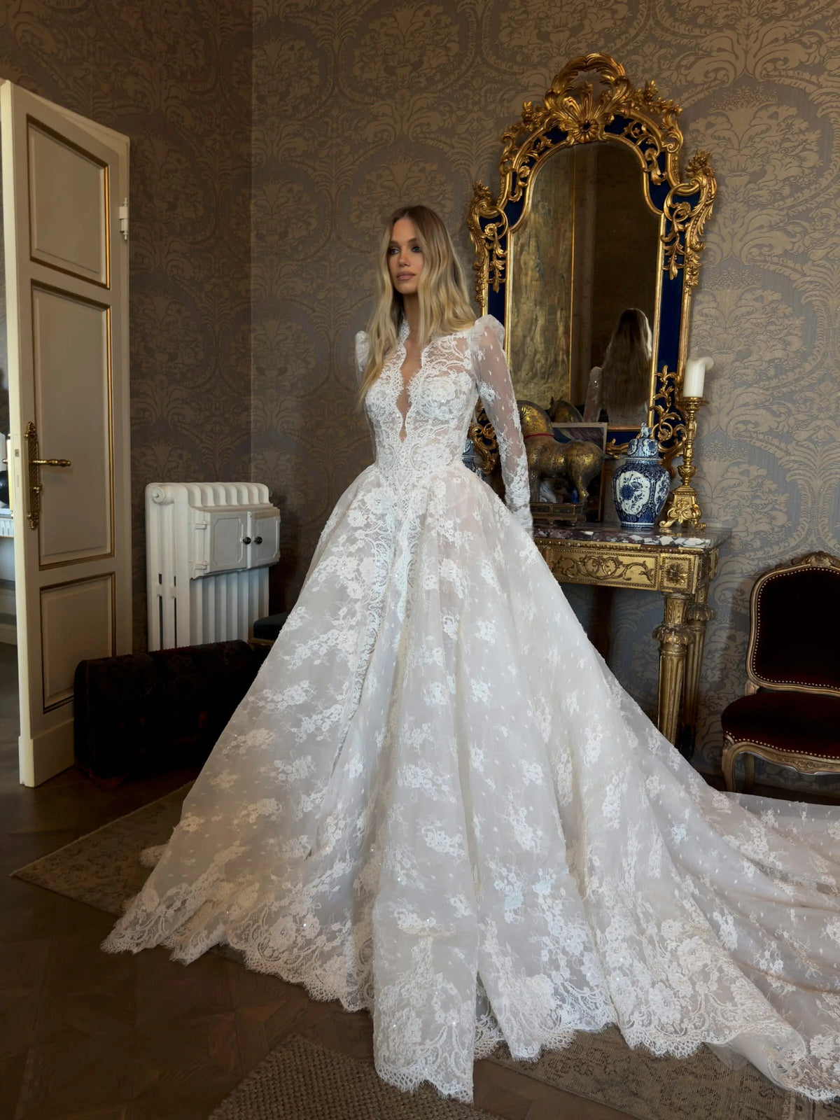 Luxury White High Neck Sequin Long Sleeve Lace A-Line Wedding Dress ZP094