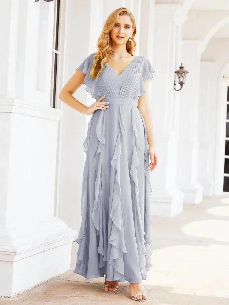 Ruffled Bridesmaid Dresses with Sleeves Long Formal Party Dress 28041 by numbersea