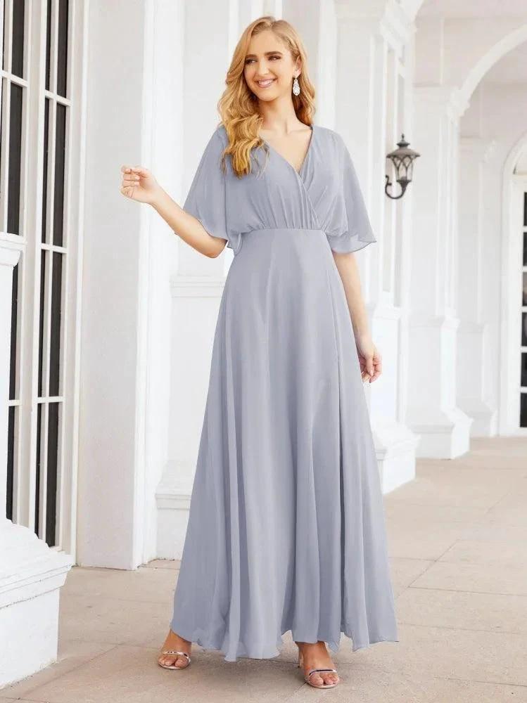 Numbersea V-Neck Bridesmaid Dress Chiffon Long Open Back Formal Dresses for Women Party Evening 28067 by numbersea