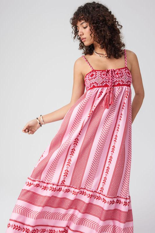 Elisa Statement Printed Embroidered Camisole Midi Dress with Lace Up Detail Evening Wear Edit