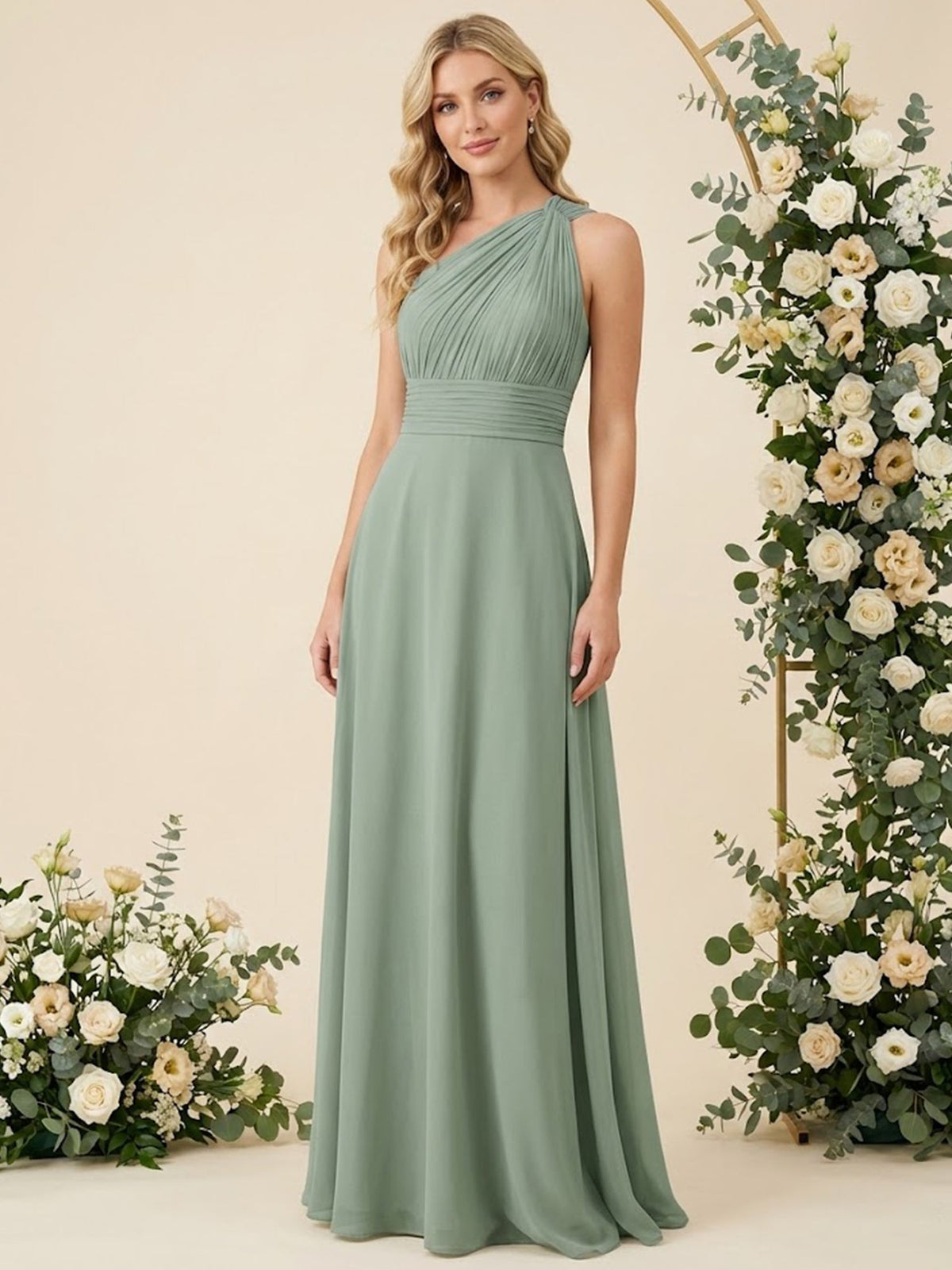 One Shoulder Pleat Chiffon A Line Long Bridesmaid Dresses for Women - VelvetHem