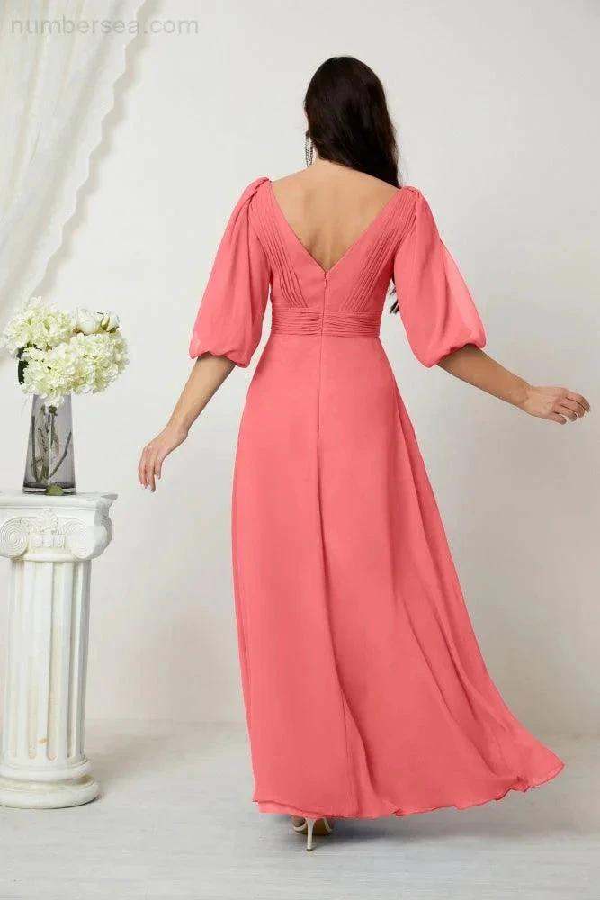 ZapDress Formal Prom Gown Women V-Neck Chiffon Bridesmaid Dresses Long Bishop Sleeve Party Dress 2807 (ZD17027)
