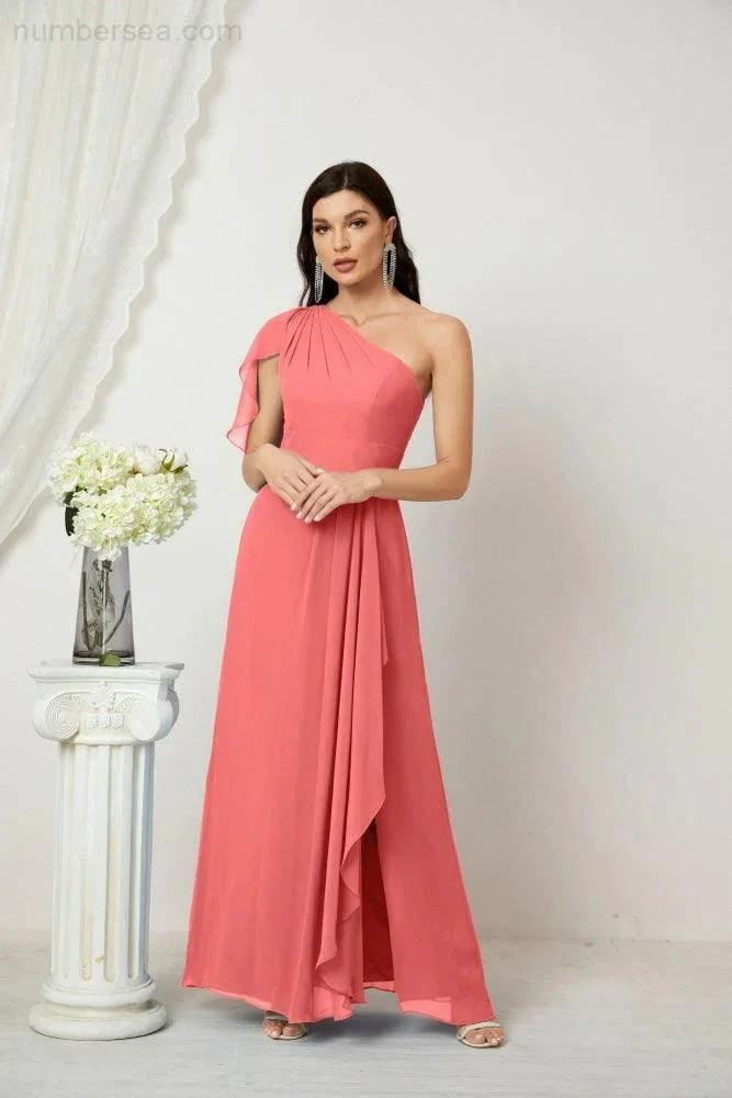 ZapDress Chiffon Ruffled One Shoulder Long Bridesmaid Dresses A-line Formal Evening Gown Side Split 2809 (ZD17049)