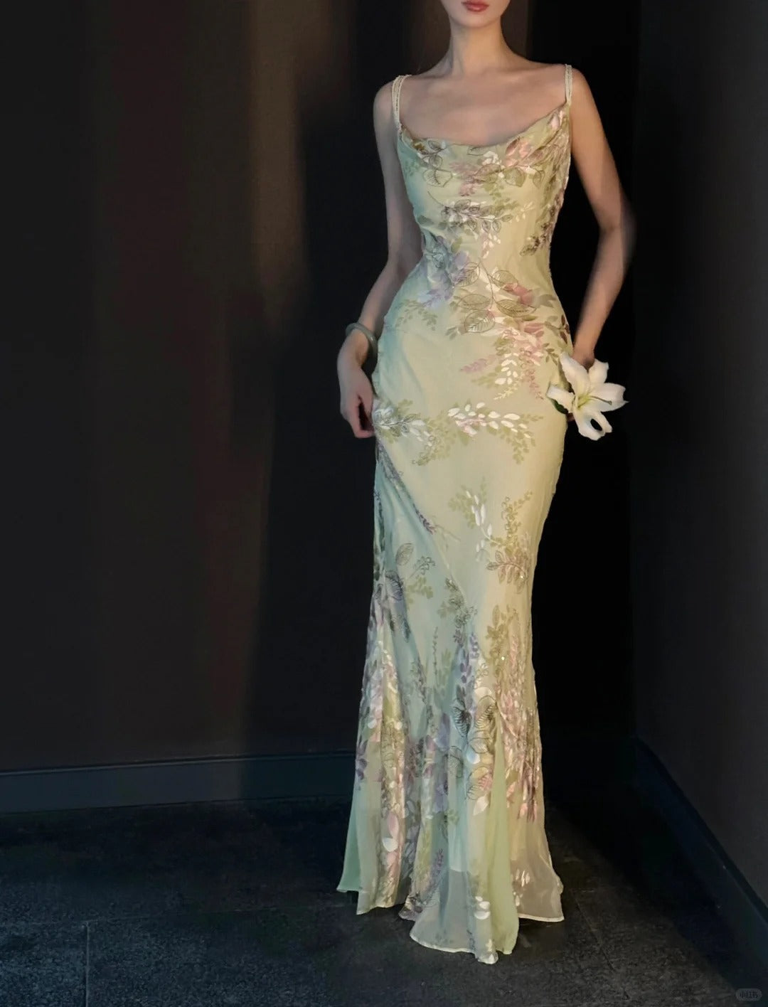 Vintage Light Green Printed Mermaid Strap Chiffon Long Prom Dress Evening Dress - VelvetHem