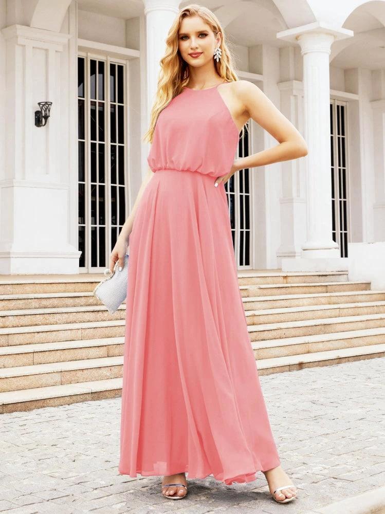 Numbersea Halter Long Bridesmaid Dresses Formal A line Juniors Dress 28029 by numbersea