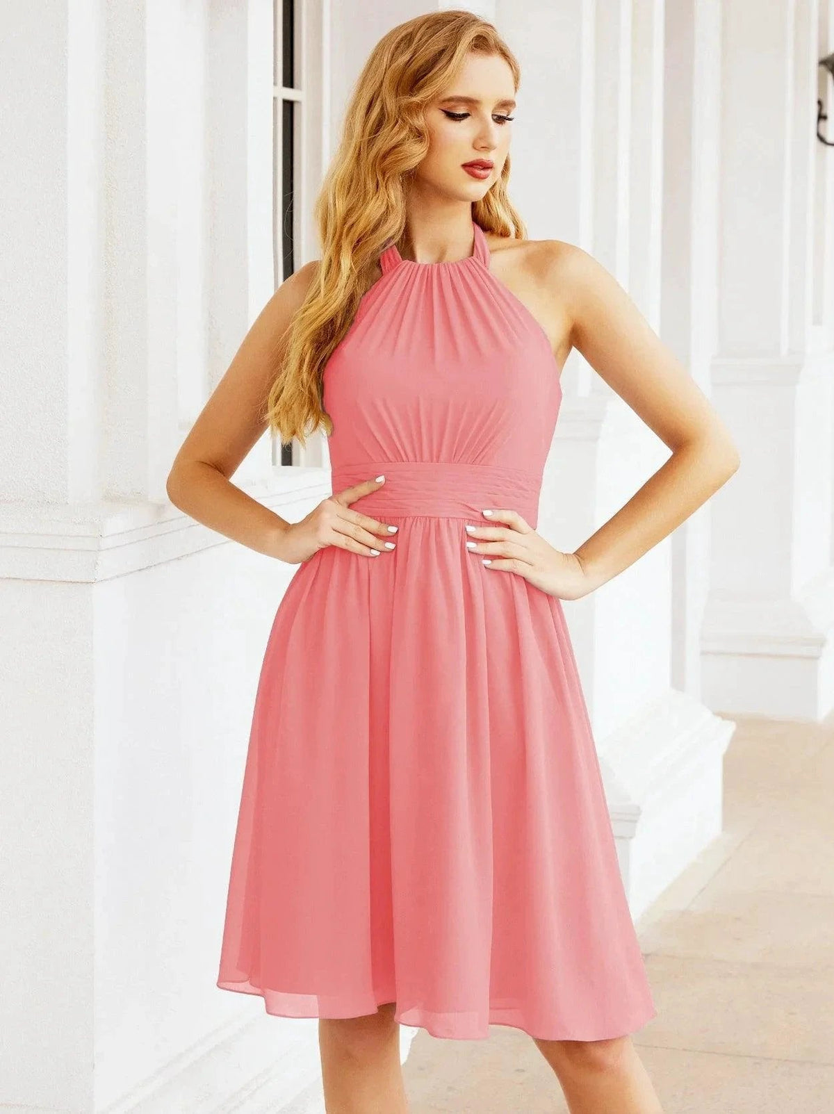 ZapDress Halter Chiffon Bridesmaid Dresses Short Sleeveless Formal Party Dress Open Back 28023 (ZD16957)