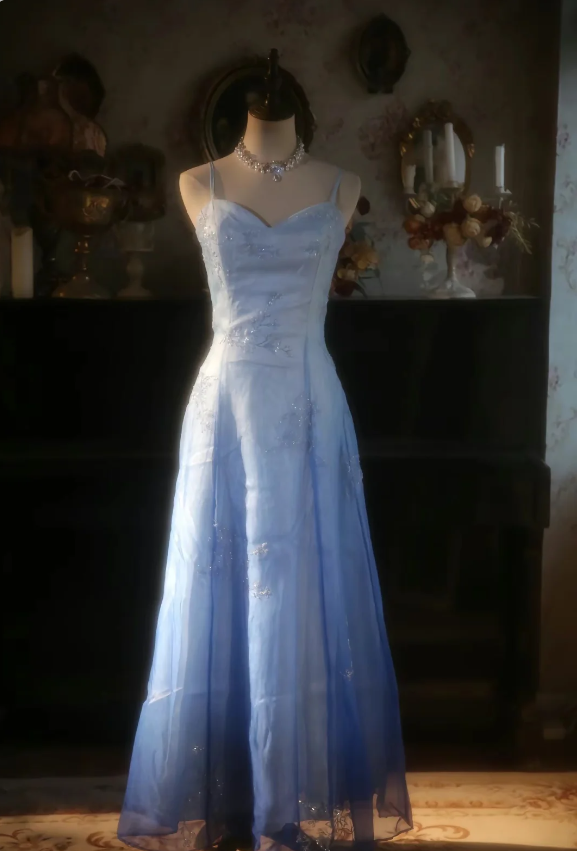 Vintage Gradient Light Blue A-line Spaghetti Strap Beaded Tulle Long Prom Dress Evening Dress - VelvetHem
