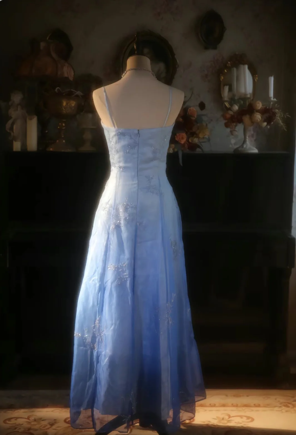 Vintage Gradient Light Blue A-line Spaghetti Strap Beaded Tulle Long Prom Dress Evening Dress