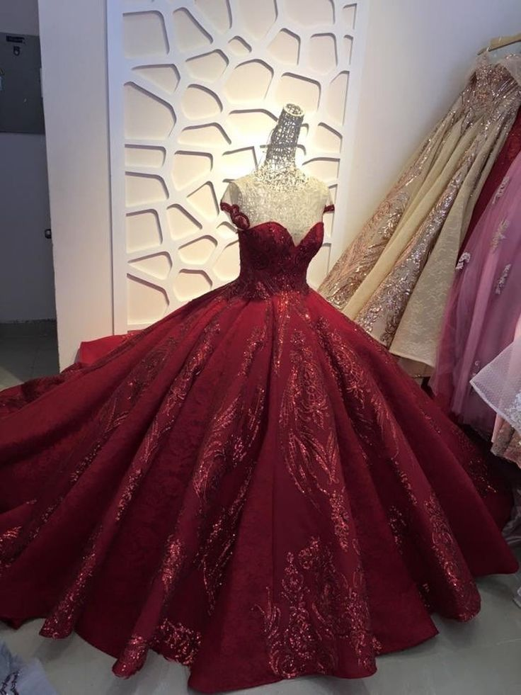 Sparkly Sequins Red Off The Shoulder Ball Gown Fashion A Line Sweet 16 Dress - VelvetHem