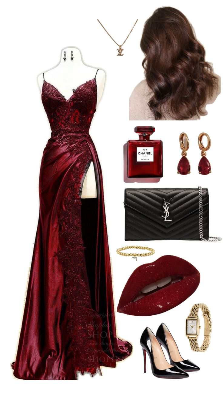 Elegant Burgundy Satin Appliques Evening Dress Slit Prom Party Dress - VelvetHem
