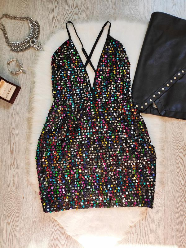 Black shiny multi colored evening short sexy mini dress neckline sequins party dress cc63 - VelvetHem