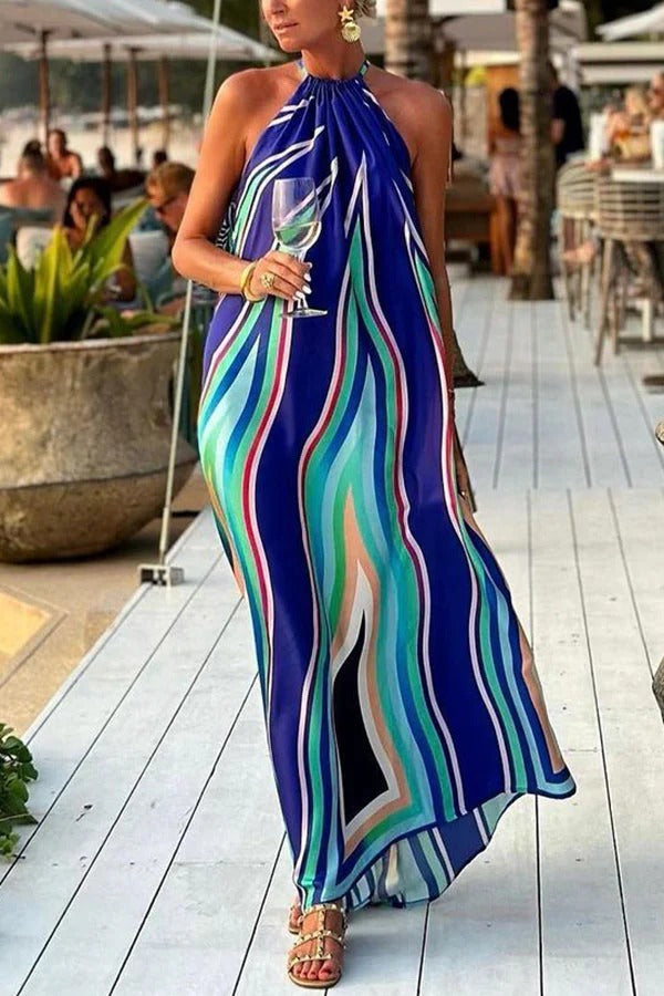 Ramona Chic Phuket Dinner Colorful Halterneck Maxi Dress with Wave Pattern and Tassels Designer Edit