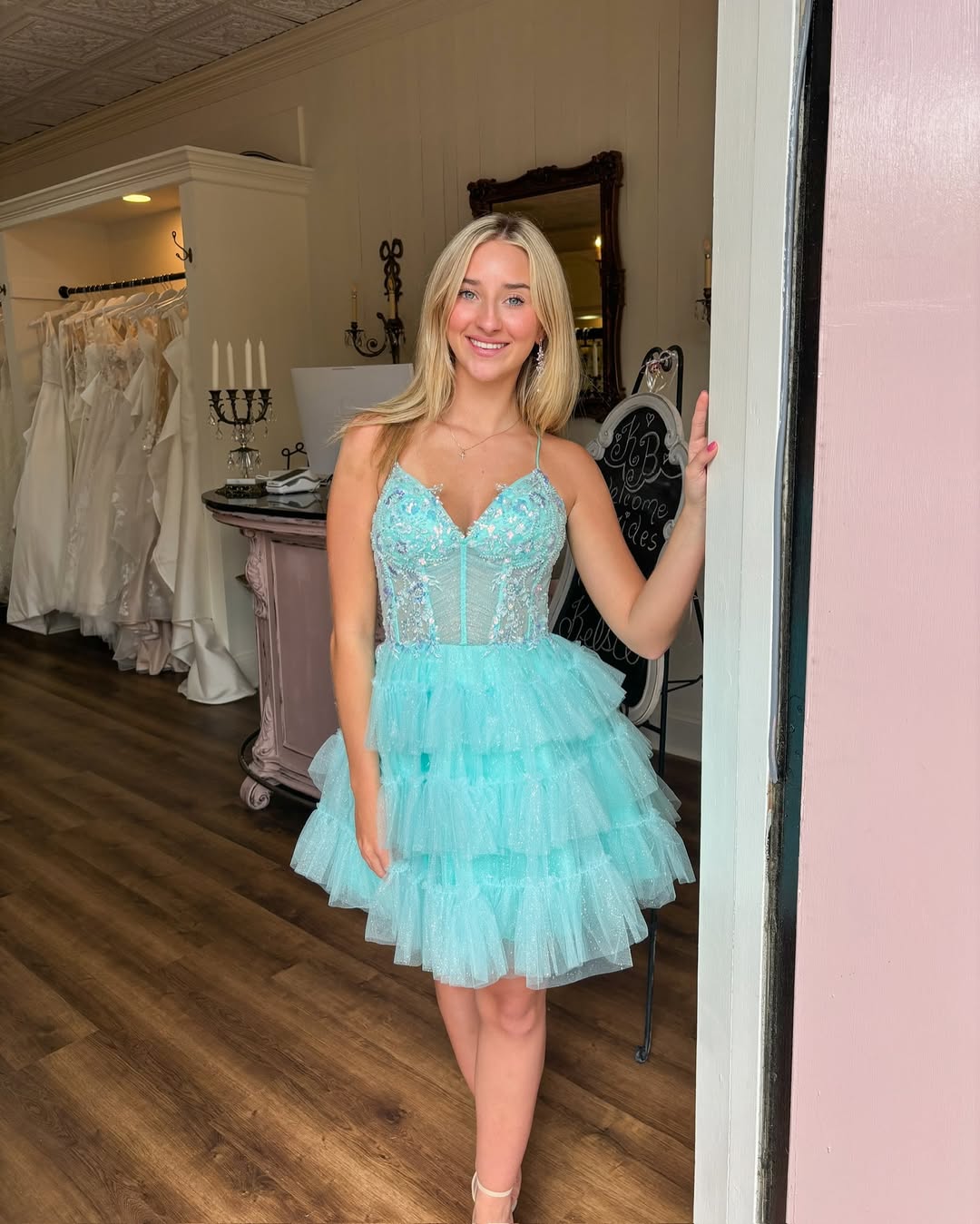 Gorgeous A Line Spaghetti Straps Blue Short Homecoming Dress with Appliques