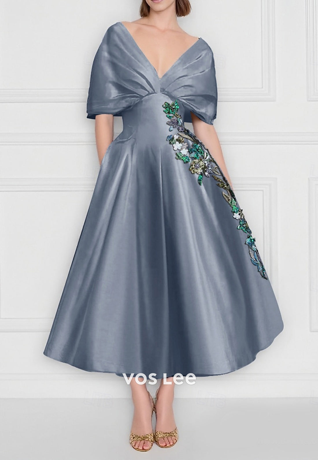 A-Line Cap Sleeves Plunging V-Neck Appliques Ankle-Length Evening Dresses
