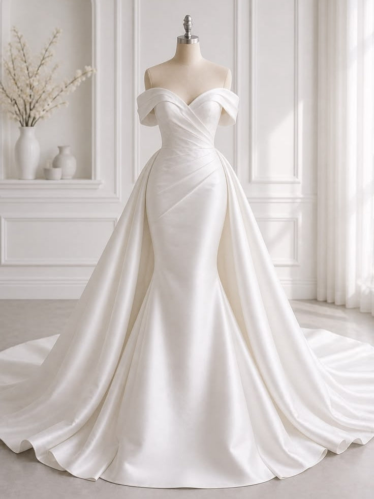 Luxury Satin Off Shoulder Fitted Mermaid Wedding Dress With A-Line Overskirt - VelvetHem