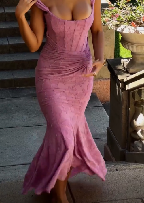 Sexy Rose Pink Floral Long Prom Dress Mermaid Party Evening Dress - VelvetHem