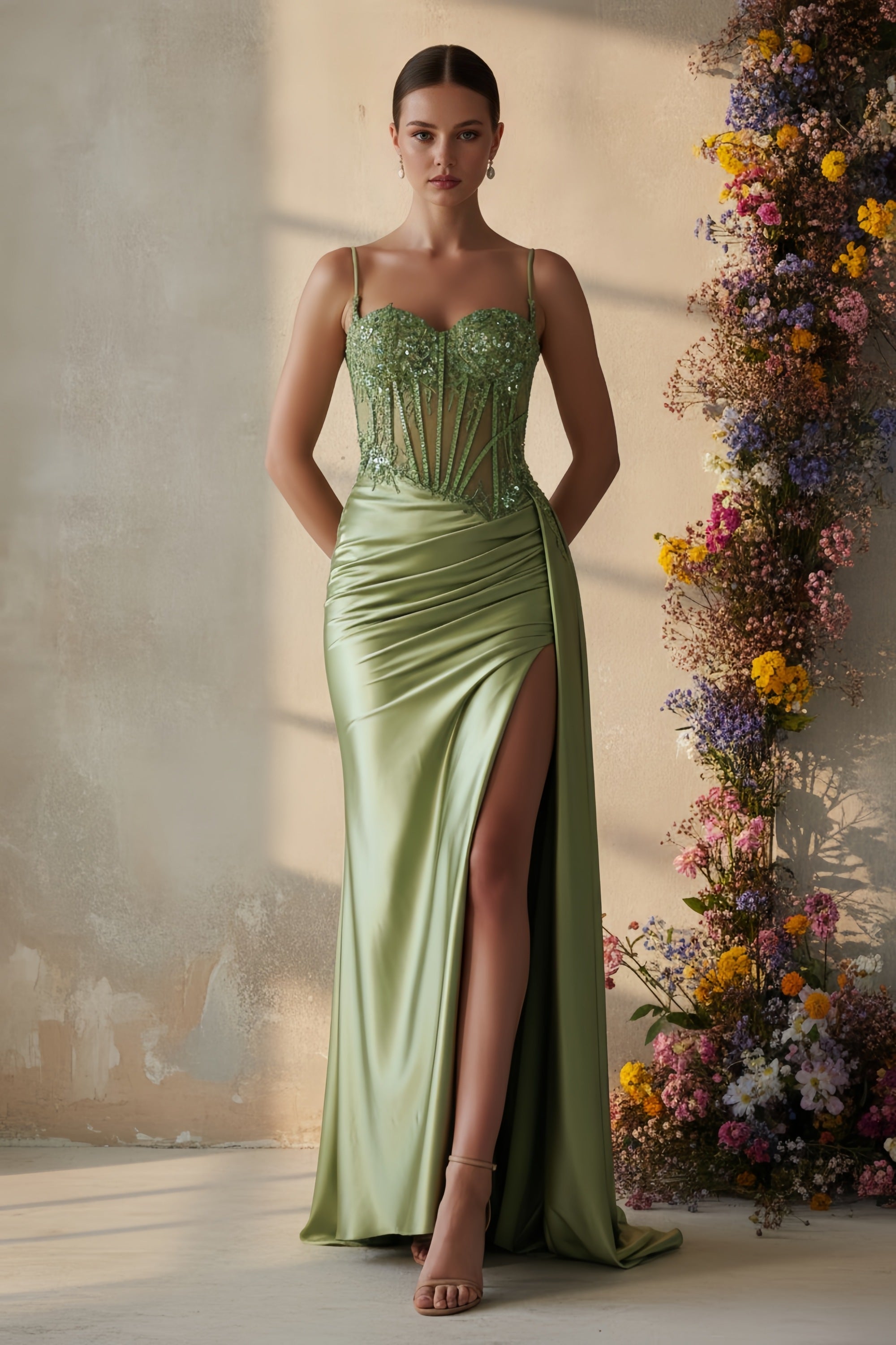 Spaghetti Strap Sequin Corset Evening Gown with High Slit