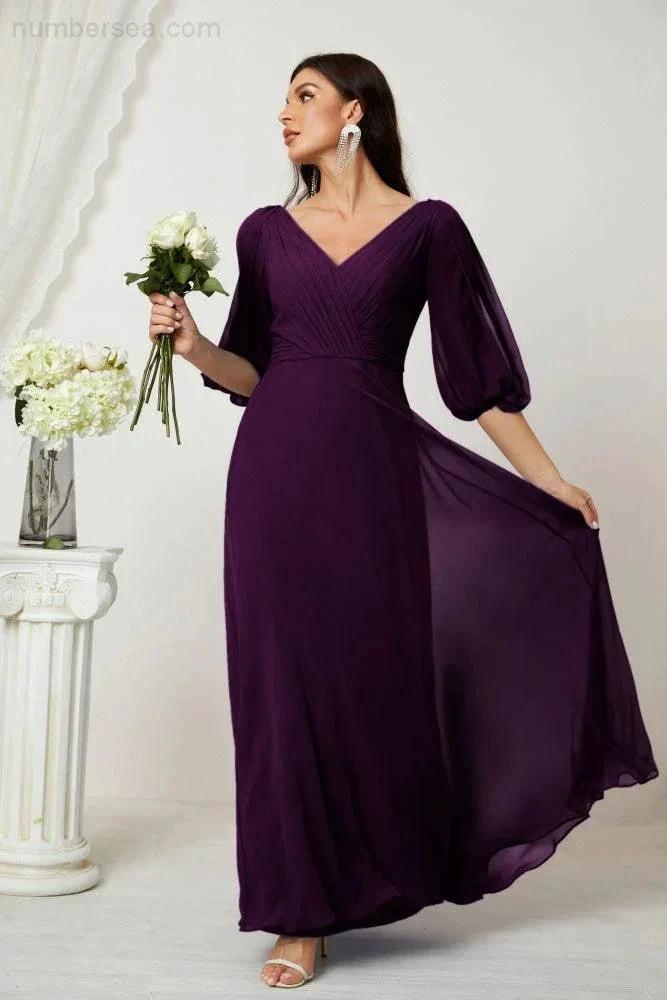 ZapDress Formal Prom Gown Women V-Neck Chiffon Bridesmaid Dresses Long Bishop Sleeve Party Dress 2807 (ZD17027)