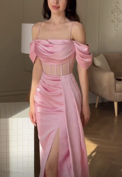 Elegant Pink Off The Shoulder Mermaid Prom Dress Slit Evening Dress Y7625 - VelvetHem