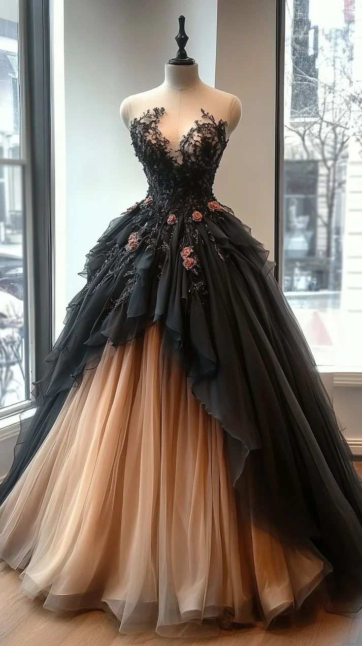 Charming A Line Sweetheart Neck Beaded Flower Ruffle Tulle Long Prom Dress Evening Dress - VelvetHem