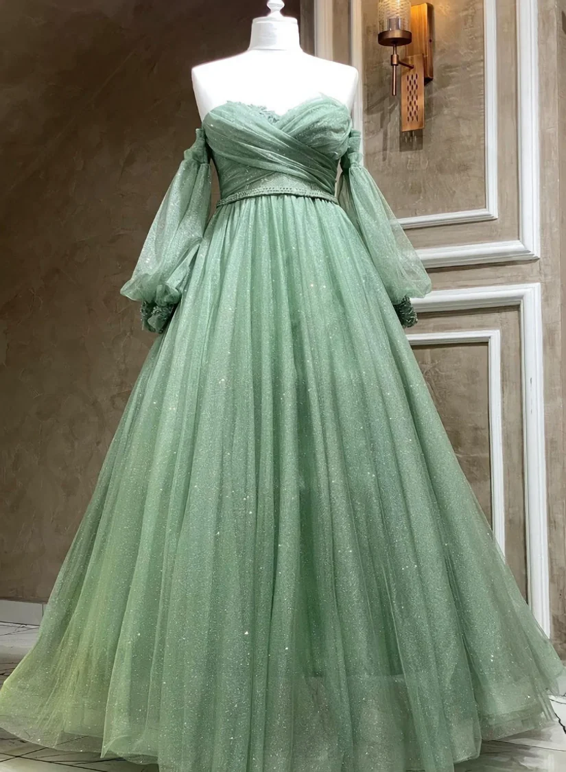 Bling Green Tulle Puffy Sleeves Formal Dresses A Line Green Long Evening Gown Y7981 - VelvetHem