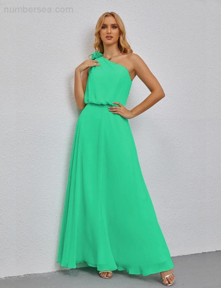 Ruffled One Shoulder Sleeveless Long Bridesmaid Dresses A-line Formal Evening Gown Side Split 28080 (ZD17018)