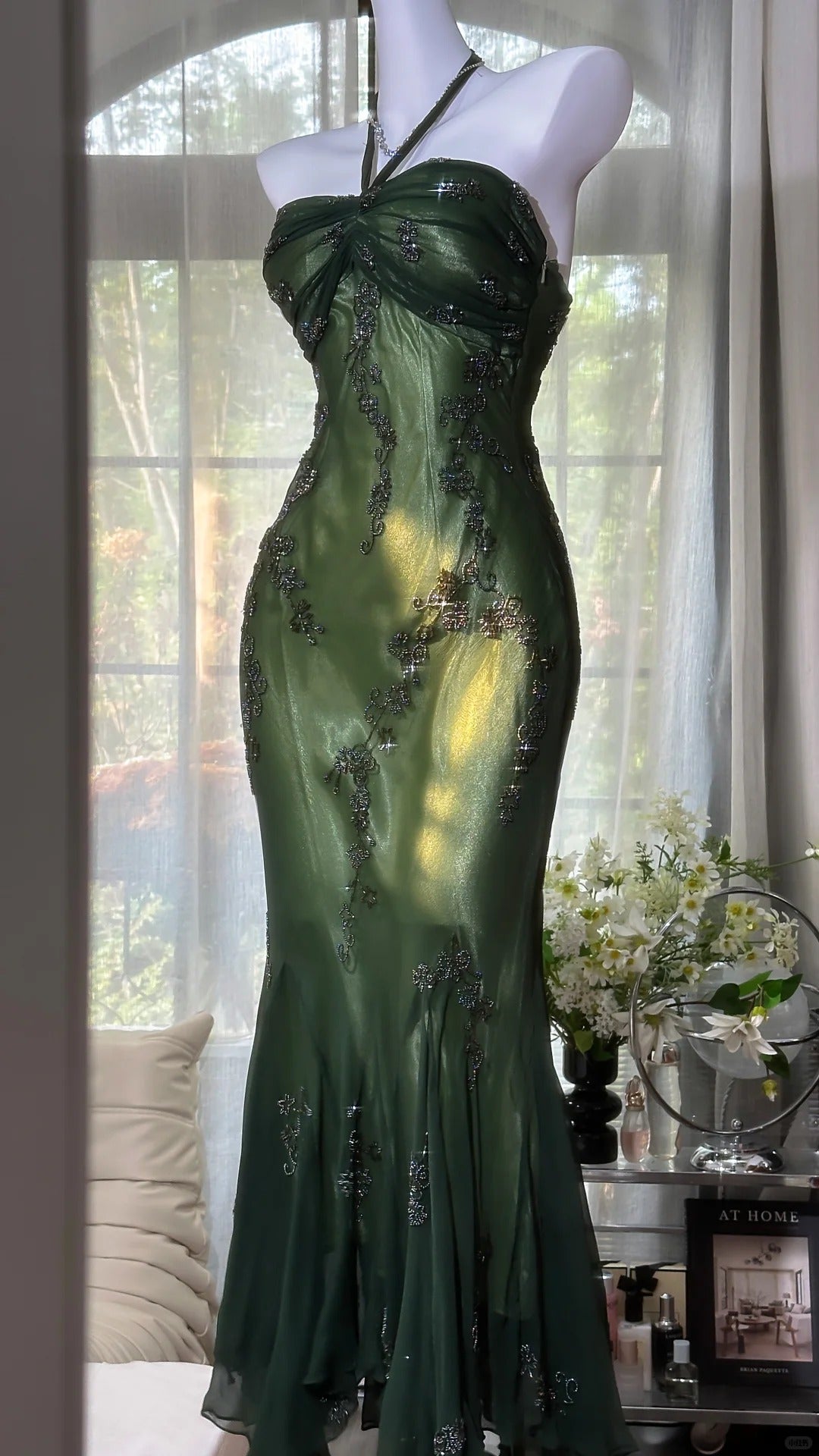 Luxury Dark Green Mermaid Bead Embroidered Chiffon Long Prom Dress Evening Dress - VelvetHem