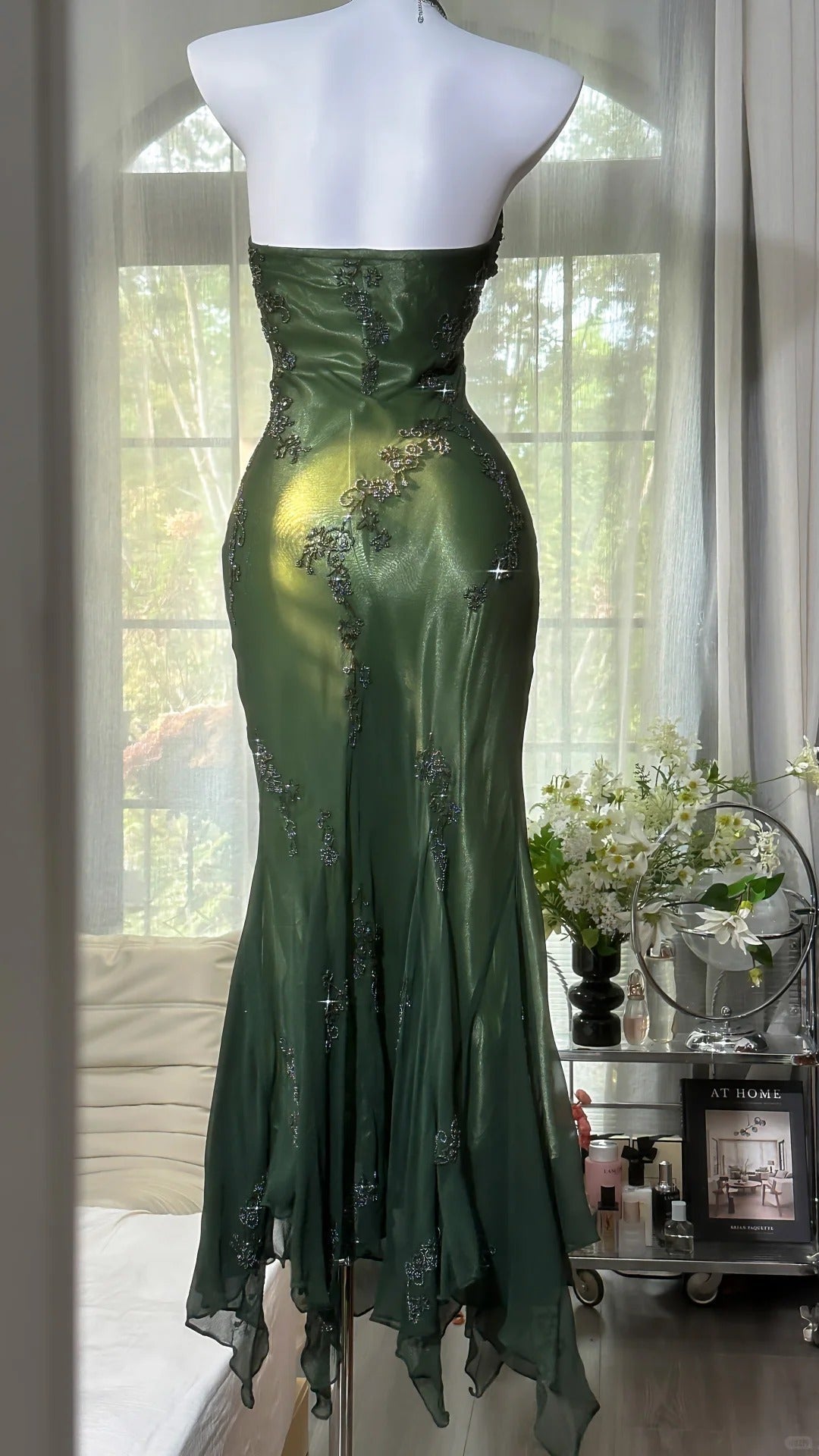 Luxury Dark Green Mermaid Bead Embroidered Chiffon Long Prom Dress Evening Dress - View 2 | VelvetHem