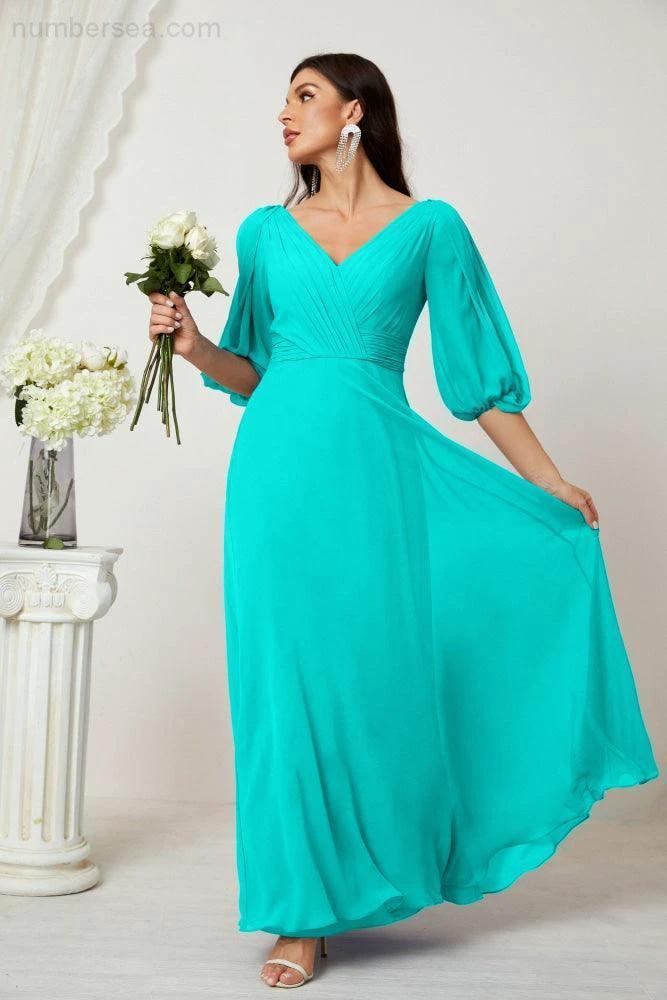 ZapDress Formal Prom Gown Women V-Neck Chiffon Bridesmaid Dresses Long Bishop Sleeve Party Dress 2807 (ZD17027)