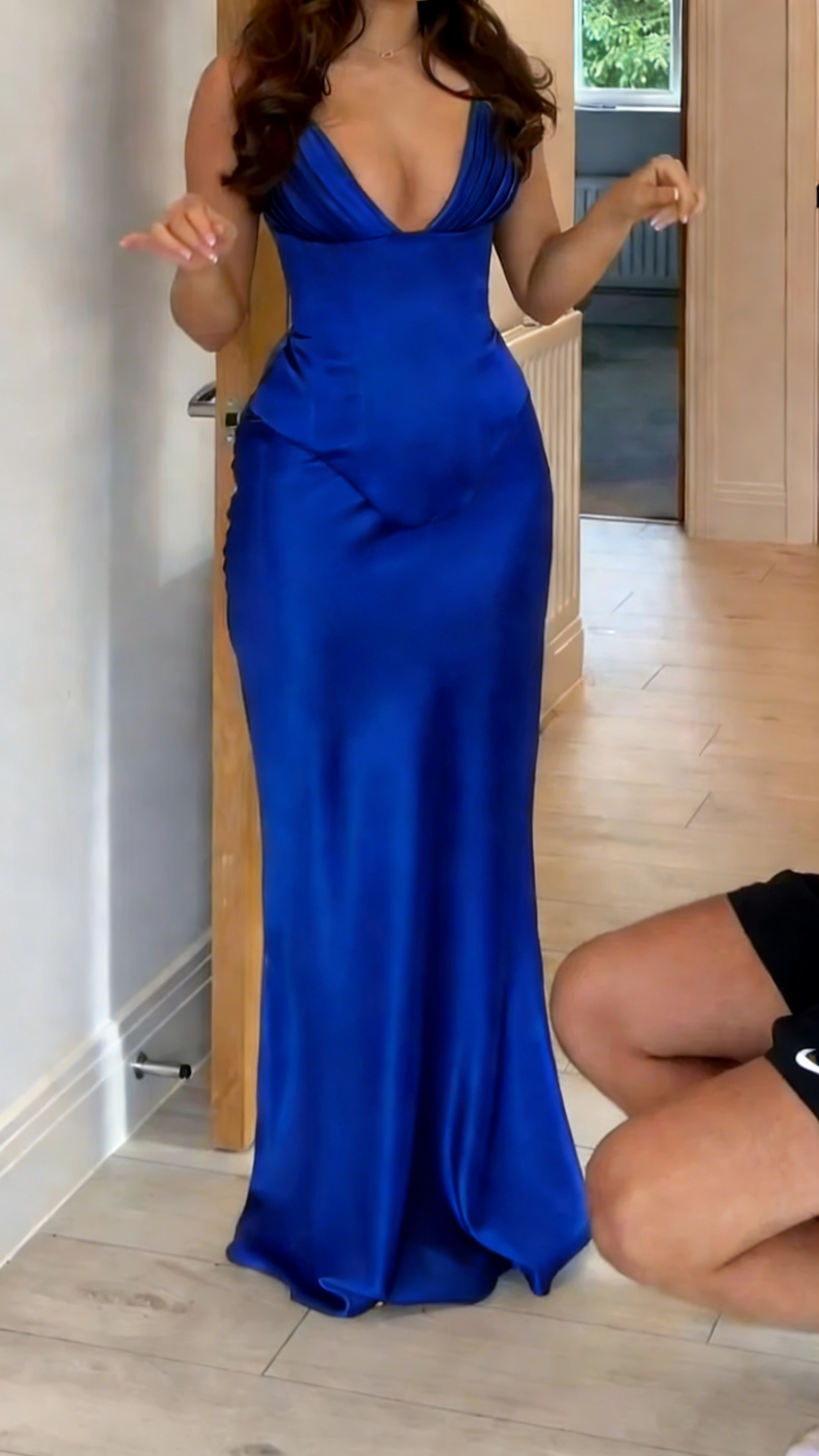 Classy Olive Green V Neck Satin Mermaid Party Dress Long Evening Gown - View 7 | VelvetHem