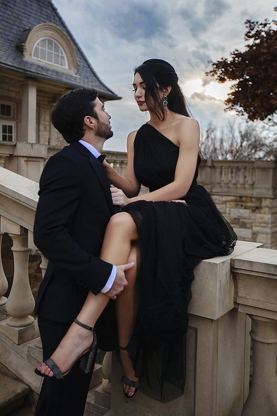 One Shoulder Black Tulle Evening Dress Classic Formal Evening Dress - VelvetHem