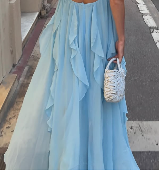 Sexy A Line Halter Blue Chiffon Backless Long Evening Dress Prom Dresses