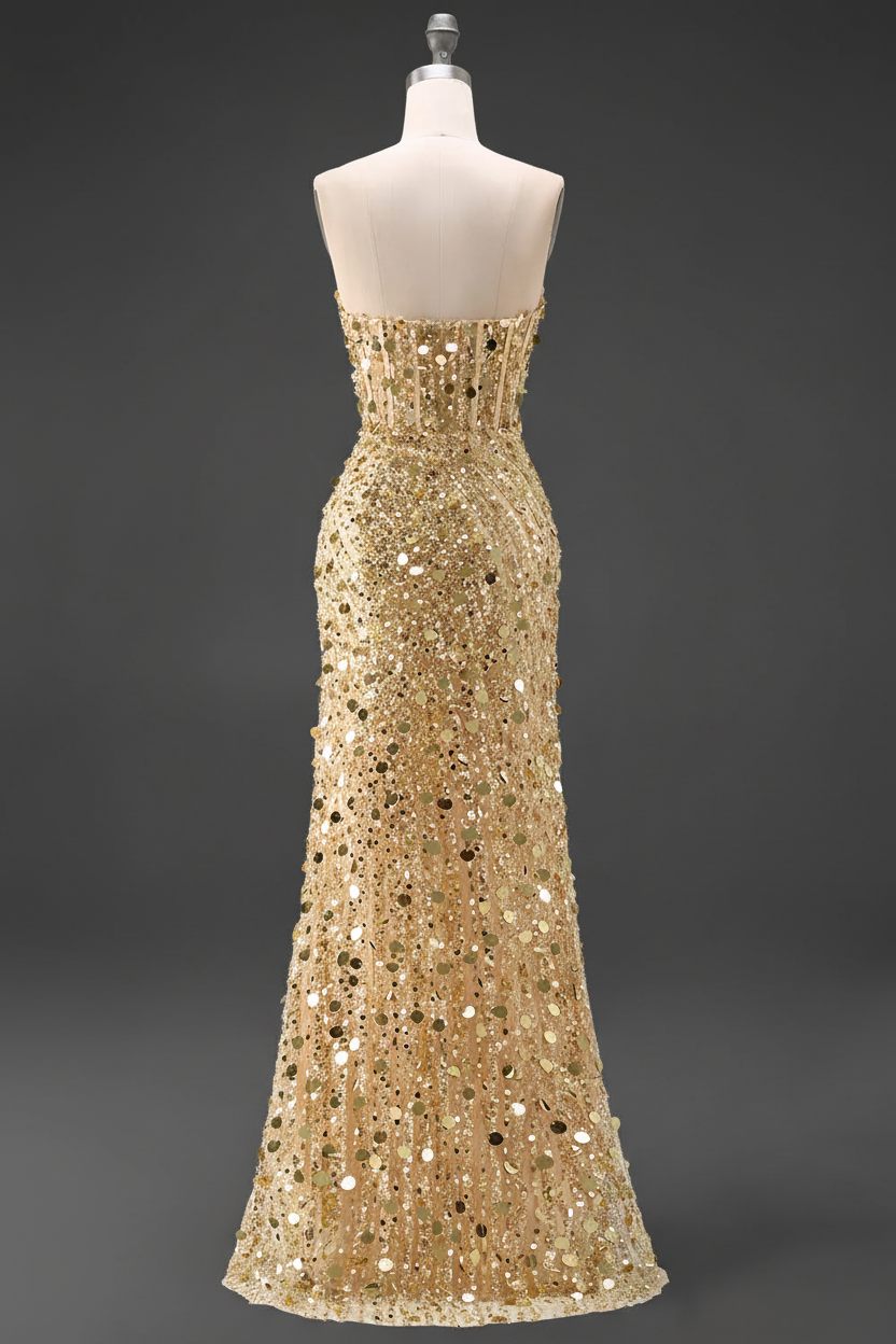 Sparkly Gold Mermaid Sequins Sweetheart Long Corset Prom Dress with Slit (ZD17394)
