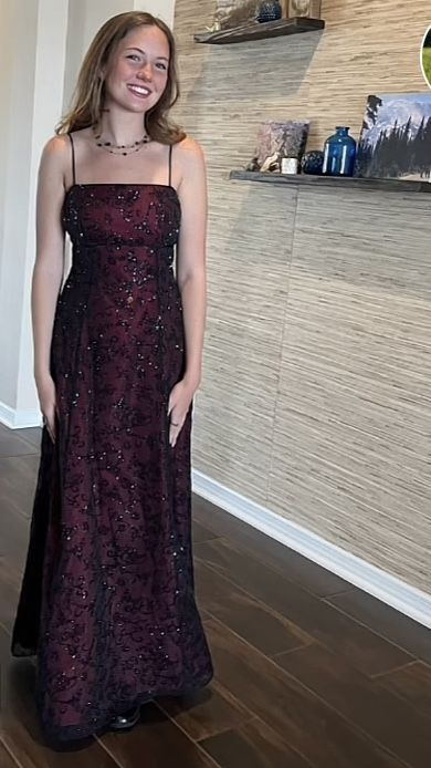 A Line Spaghetti Straps Burgundy Sequin Long Prom Dresses Evening Dress - VelvetHem