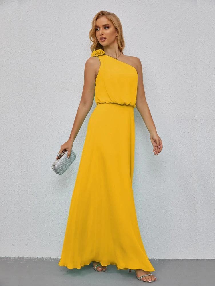 Ruffled One Shoulder Sleeveless Long Bridesmaid Dresses A-line Formal Evening Gown Side Split 28080 by numbersea