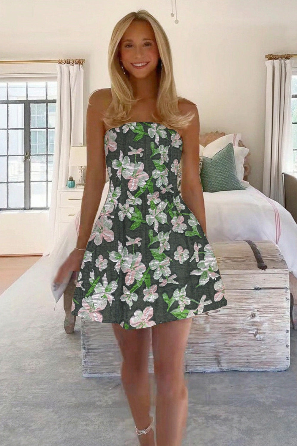 Charming A Line Strapless Light Green Floral Printed Short Homecoming Dress