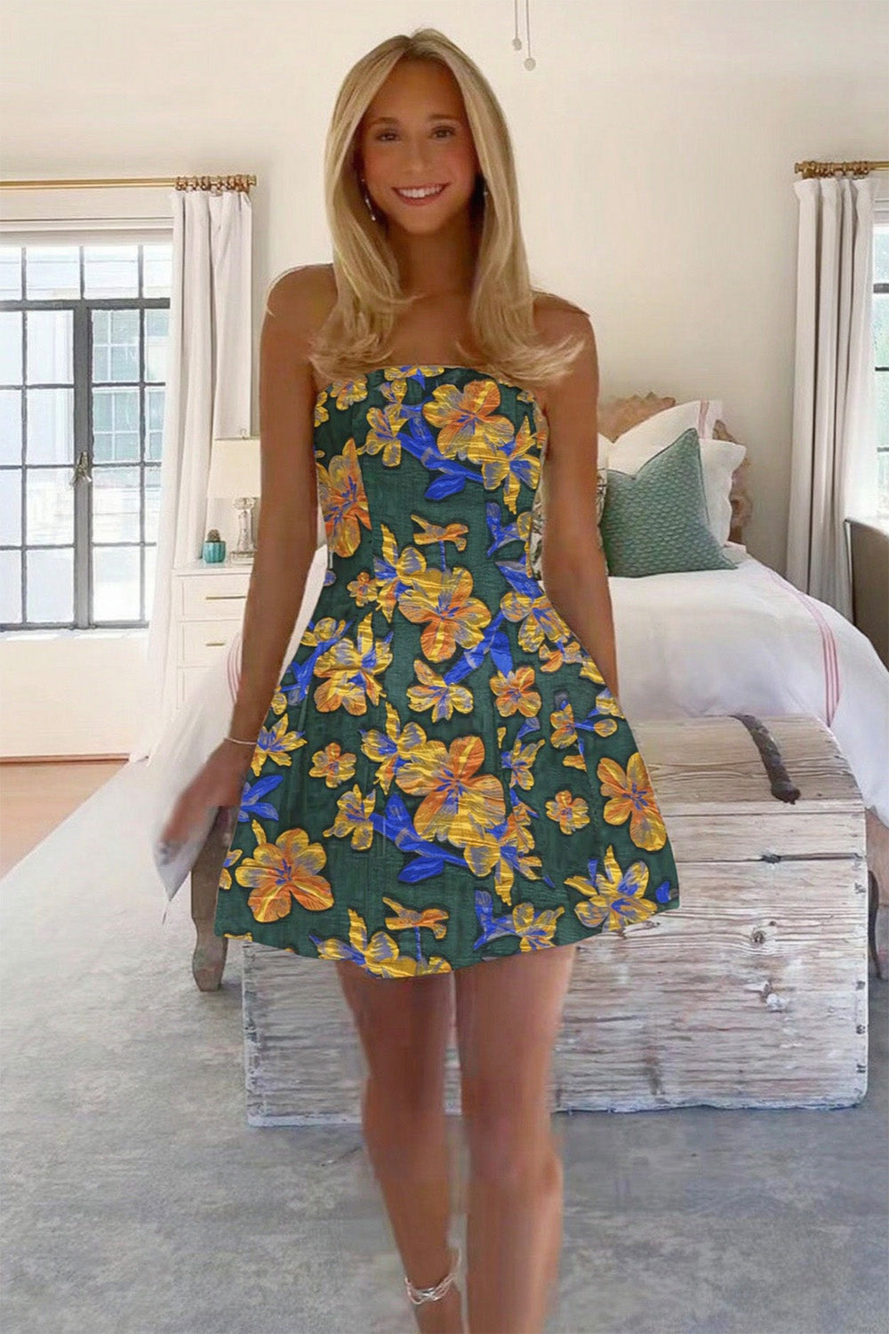 Charming A Line Strapless Light Green Floral Printed Short Homecoming Dress
