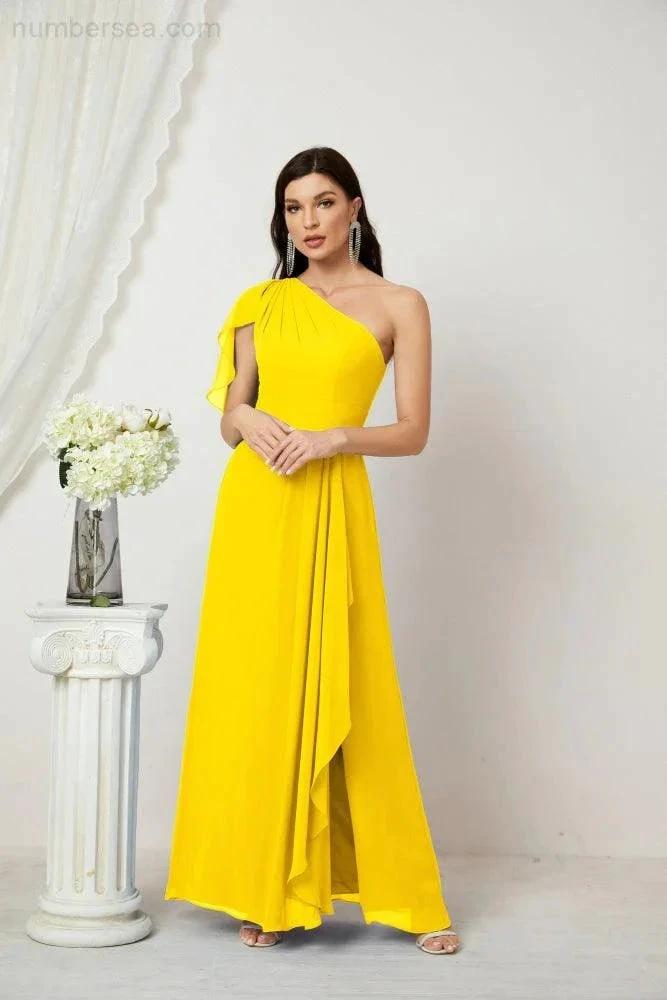 ZapDress Chiffon Ruffled One Shoulder Long Bridesmaid Dresses A-line Formal Evening Gown Side Split 2809 (ZD17049)