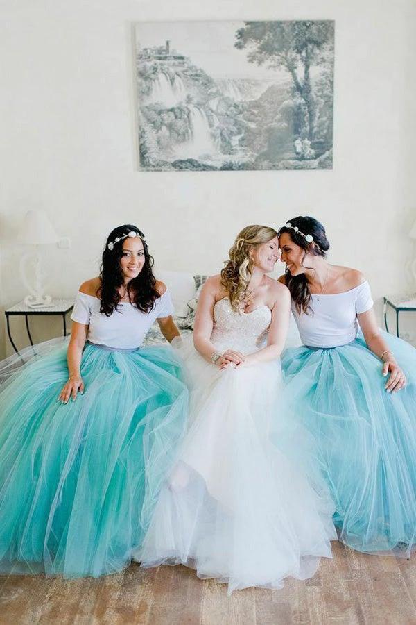 Two Piece Spaghetti Straps Sweep Train Mint Tulle Bridesmaid Dress (ZD13255)