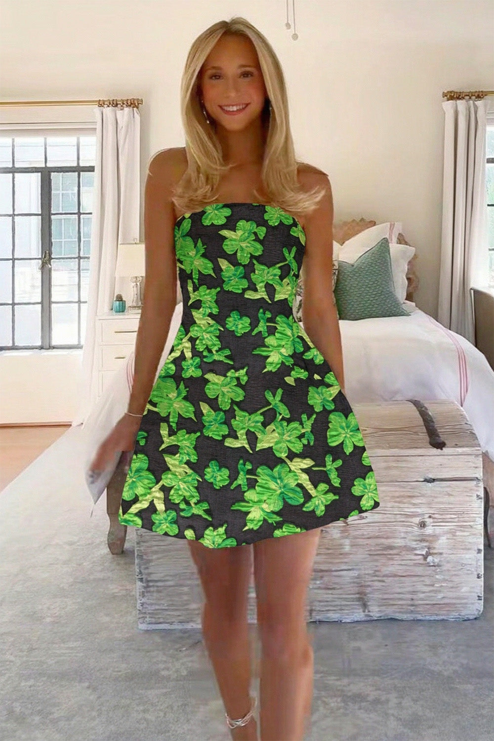 Charming A Line Strapless Light Green Floral Printed Short Homecoming Dress