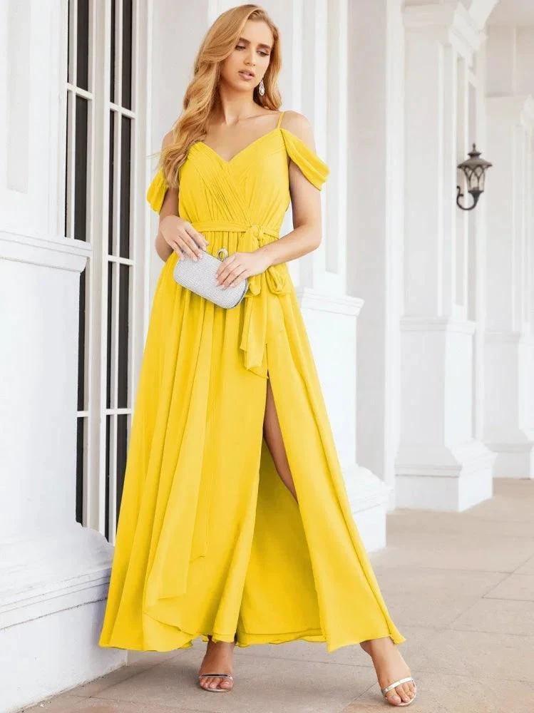 Numbersea Off The Shoulder Chiffon Bridesmaid Dress Long Formal Graduation Gown with Cowl Back 28069 by numbersea