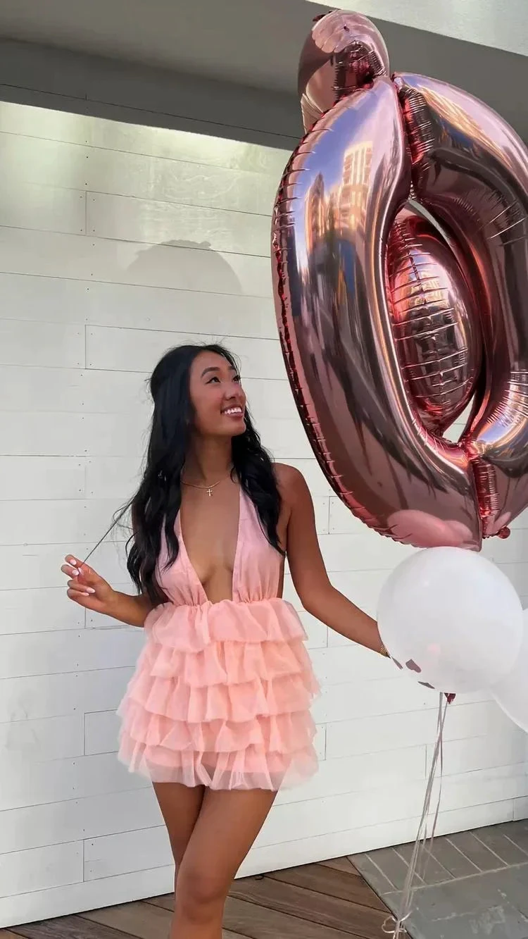 Cute Deep V Neck Pink Homecoming Dress Pink Birthday Party Dress Y1941 by simplepromdress