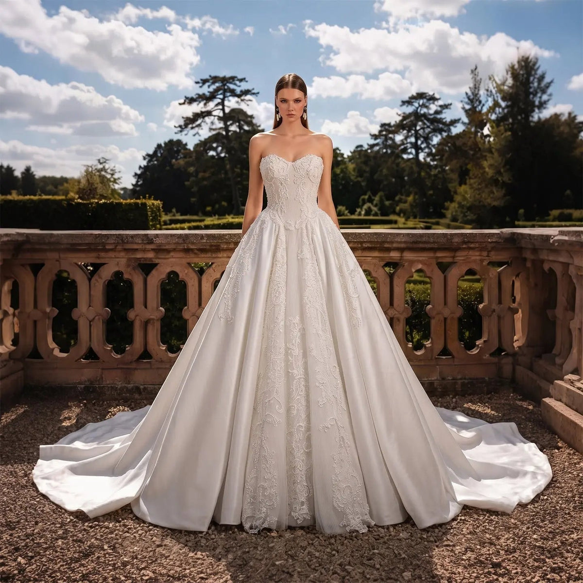 White Satin Strapless Wedding Dress Lace Appliques Sweetheart Neckline Ball Gown ZP010 - VelvetHem