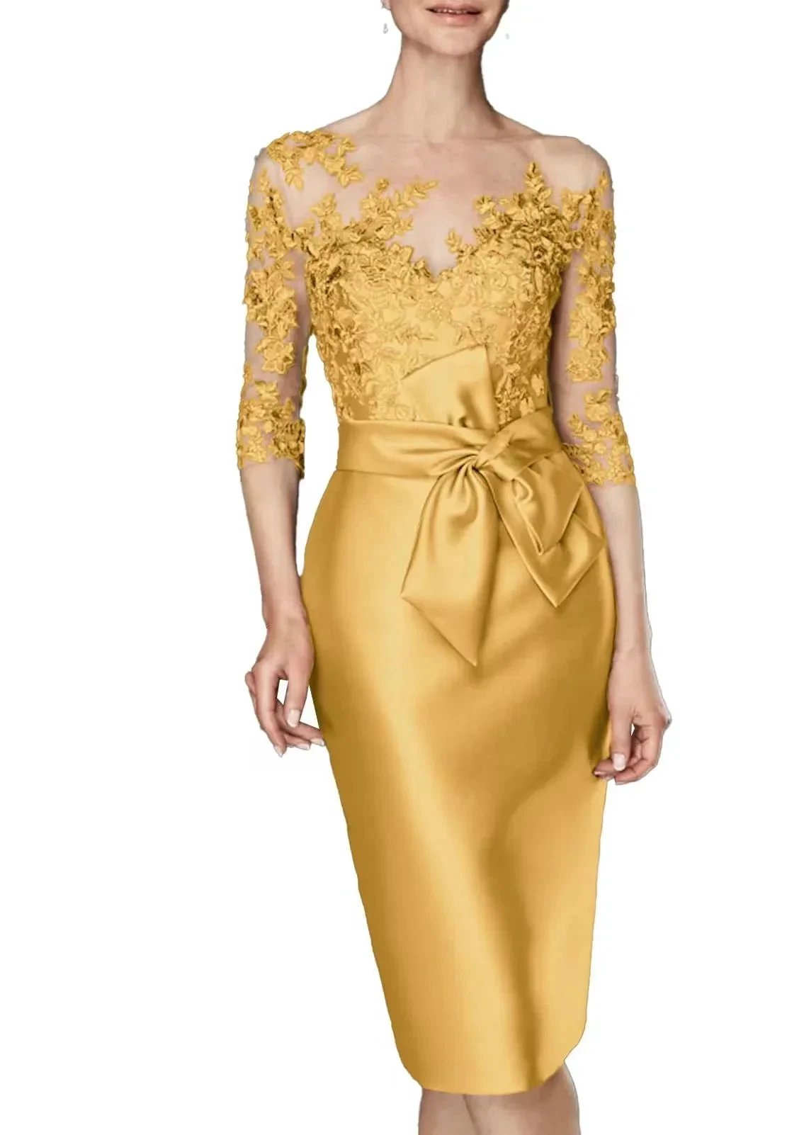 Gilded lace off shoulder satin dress (ZD16761) - VelvetHem